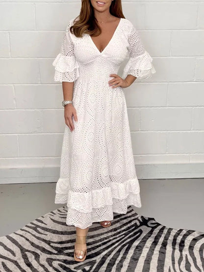 Broderie Anglaise Deep V-Neck Double Ruffle Sleeve Smocked Waist Tiered Midi Dress