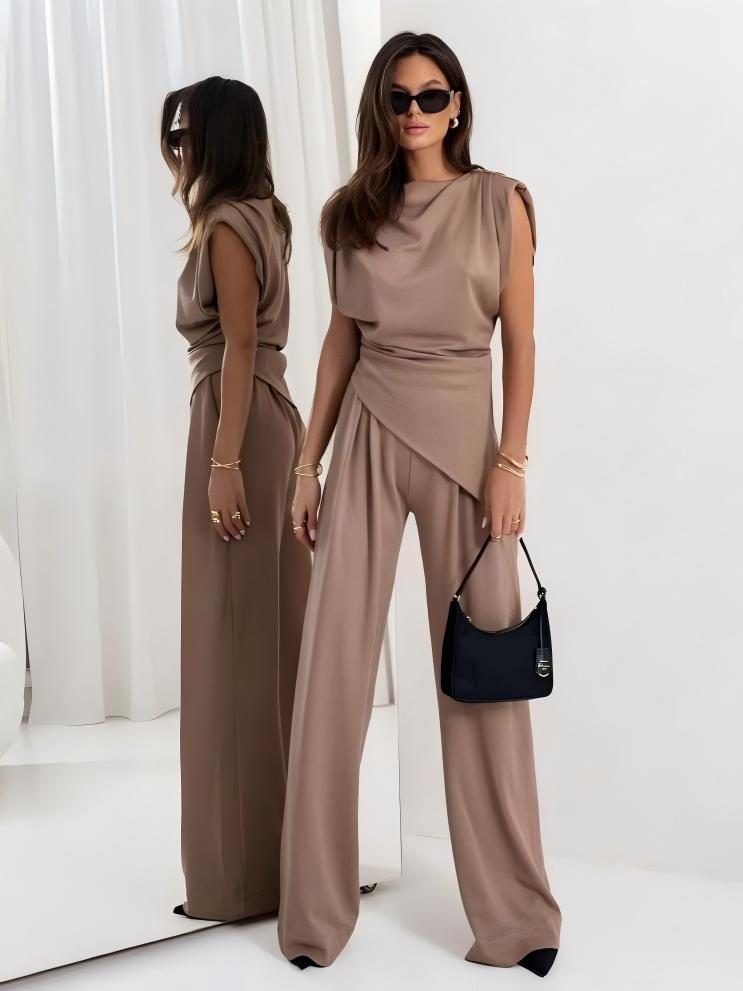 Irregular Short Sleeve Pleated Solid Color 2-piece Sets