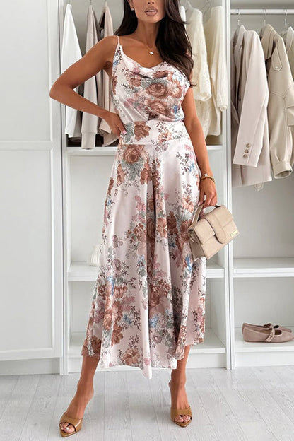 Elastic Waist Floral Print Wide Leg Cropped Pants