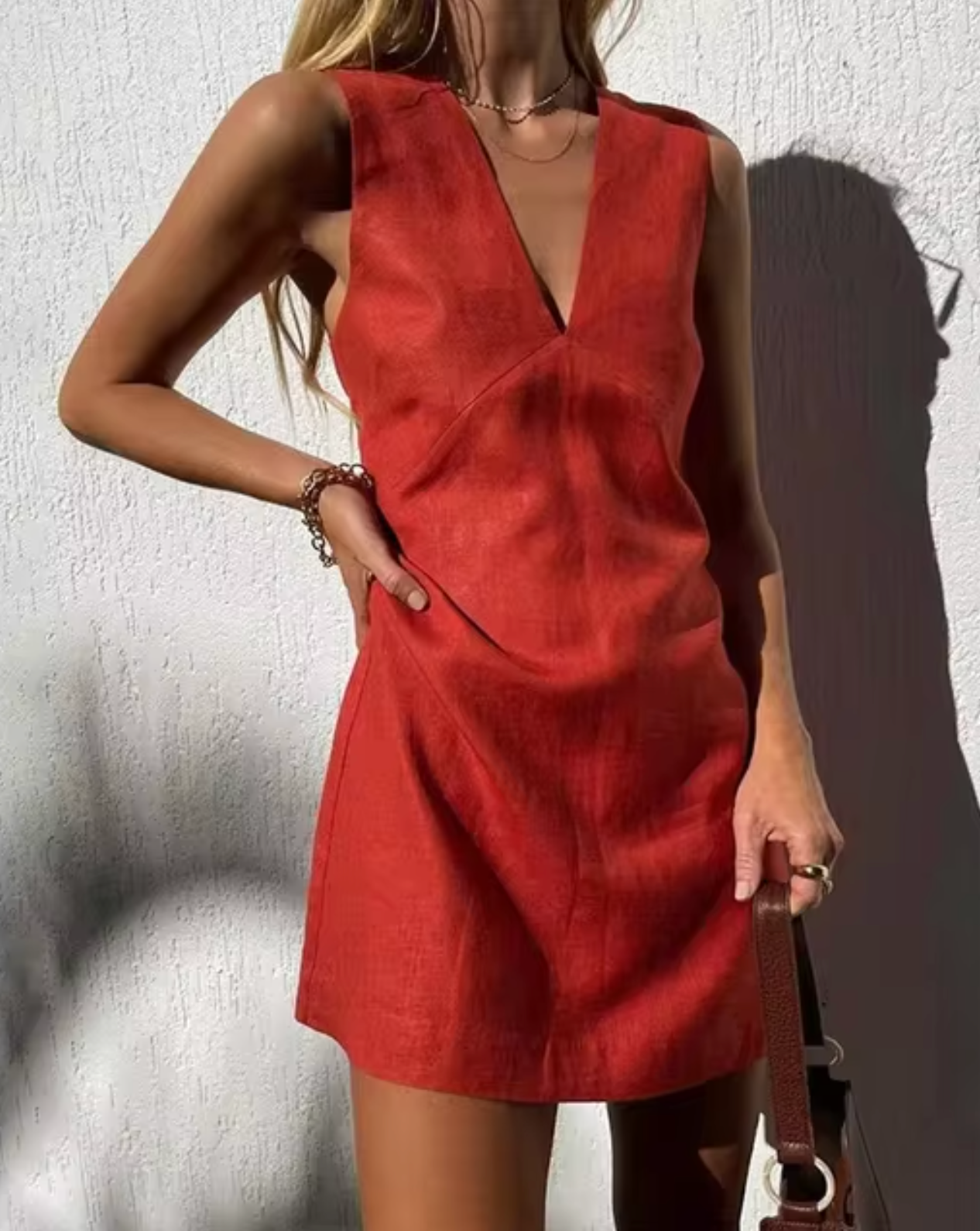Deep V-Neck Panel Seam Linen Look Sleeveless Shift Mini Dress