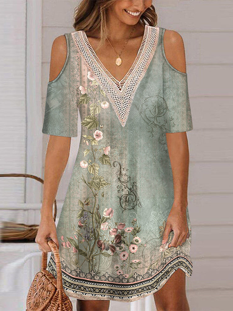 Cold Shoulder Lace Trim V-Neck Floral Vine Border Print Shift Mini Dress