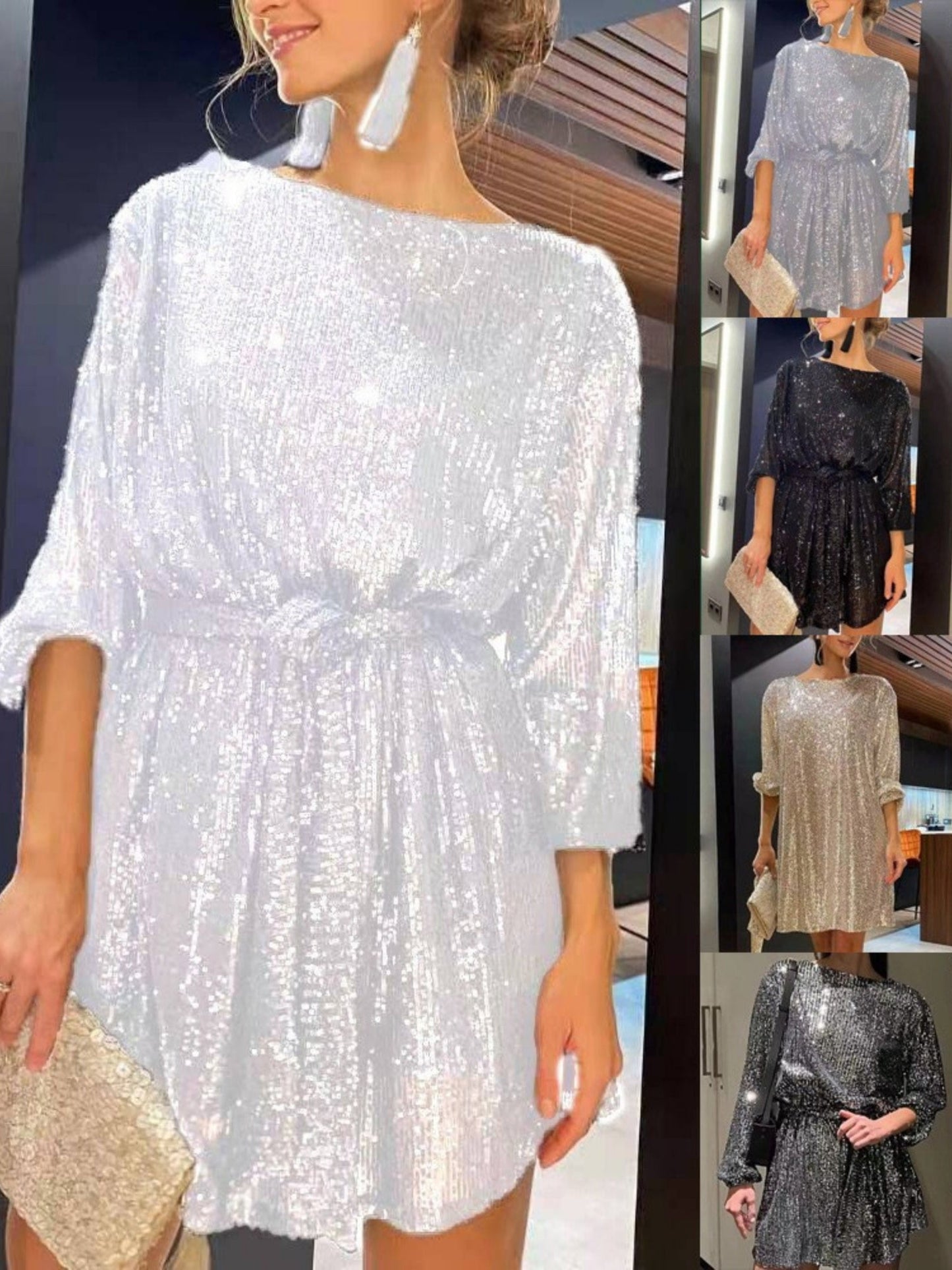 Sequins Waist Shaping Short Sleeves Mini&Short Dresses