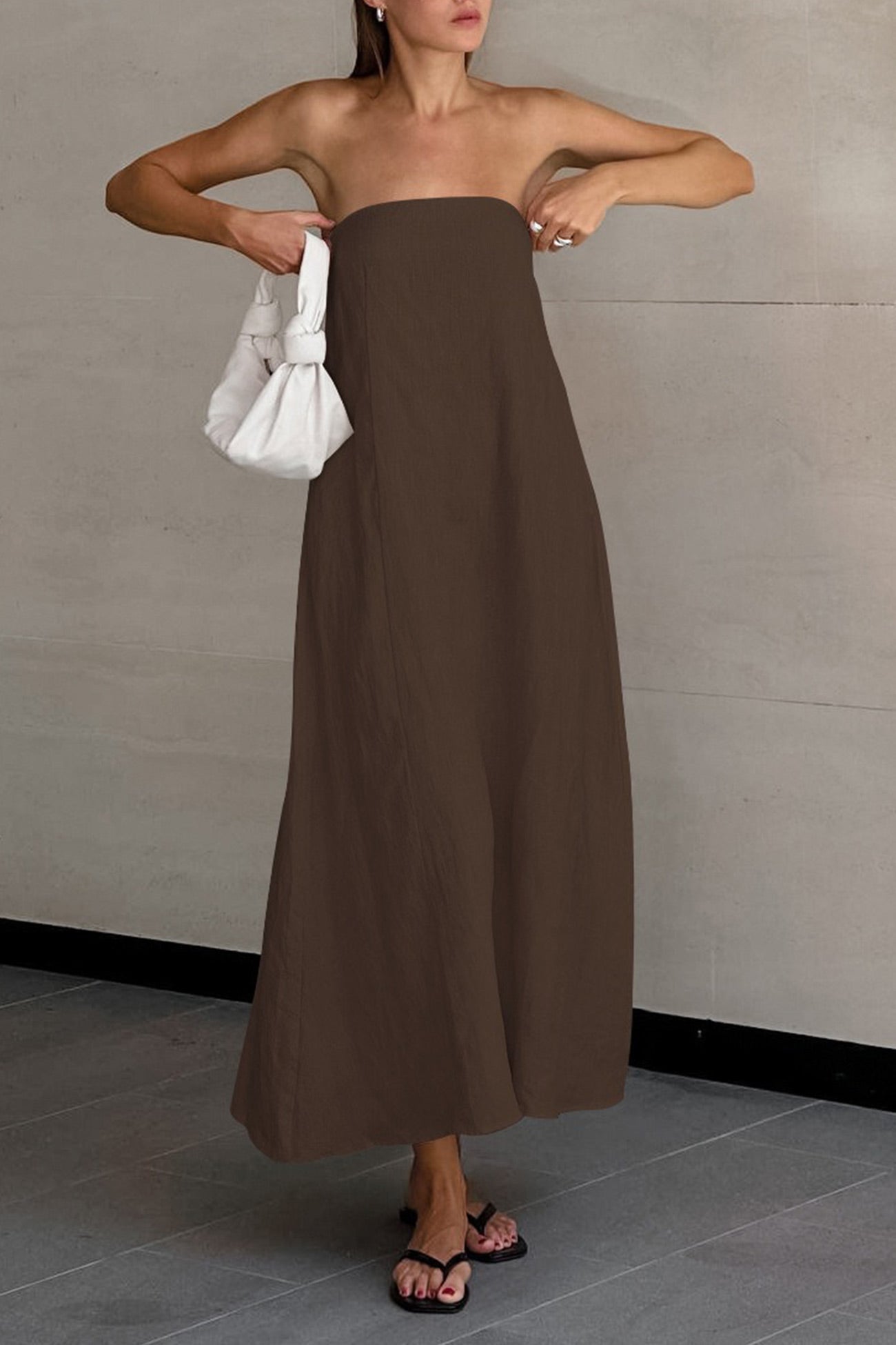 Cotton Linen Smocked Strapless Dress