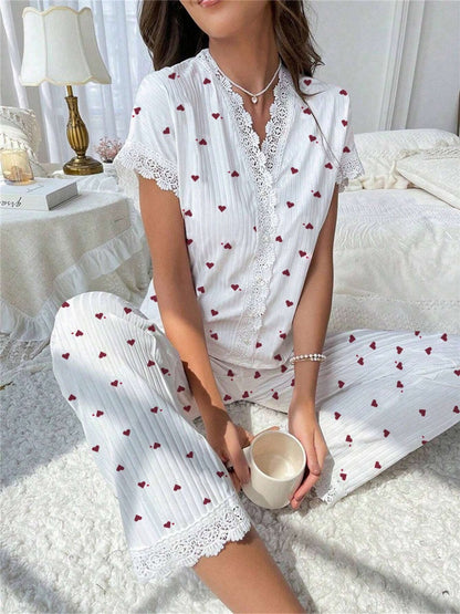 Cherry Print Water-soluble Embroidered Trim Short-sleeved Trousers Set That Can Be Worn As Loungewear