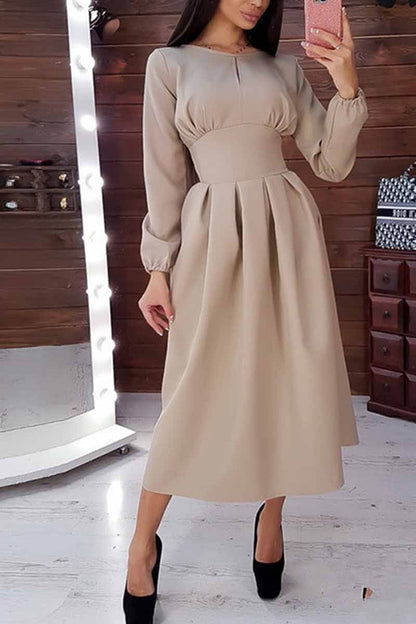 Round Neck Puff Sleeve Wide Waistband Box Pleat Midi Dress