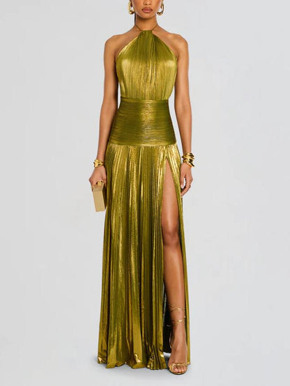 Halter Metallic Plisse Waistband High Slit Maxi Gown