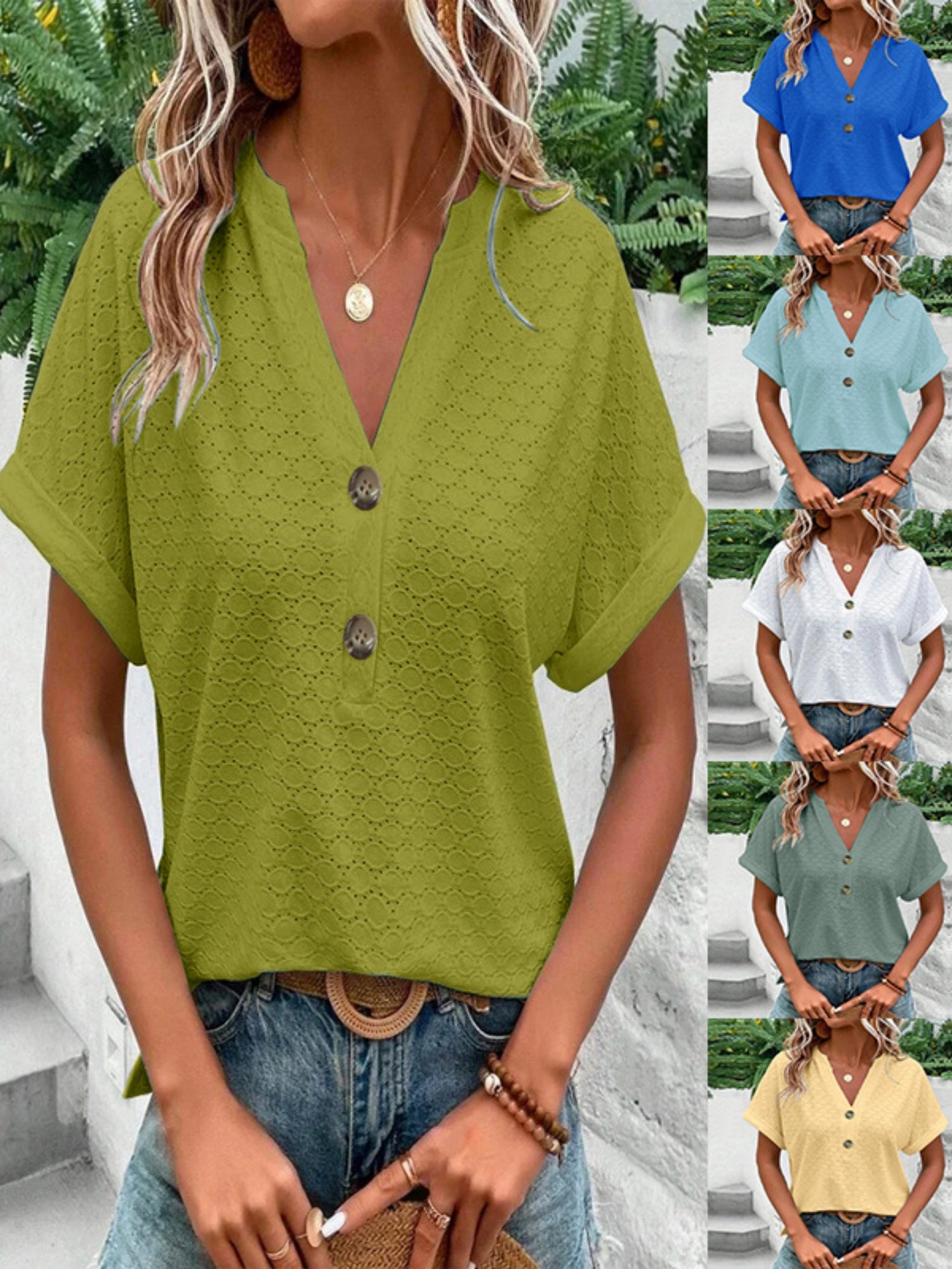 Knitting Buttons V-neck Short Sleeve T-shirts