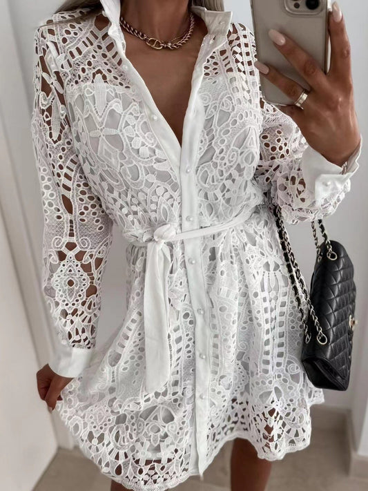 Lace Cutout Lace Up Long Sleeves Mini&Short Dresses