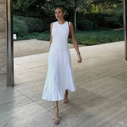 Rib Knit Bodice Accordion Pleated Skirt Sleeveless Maxi Dress