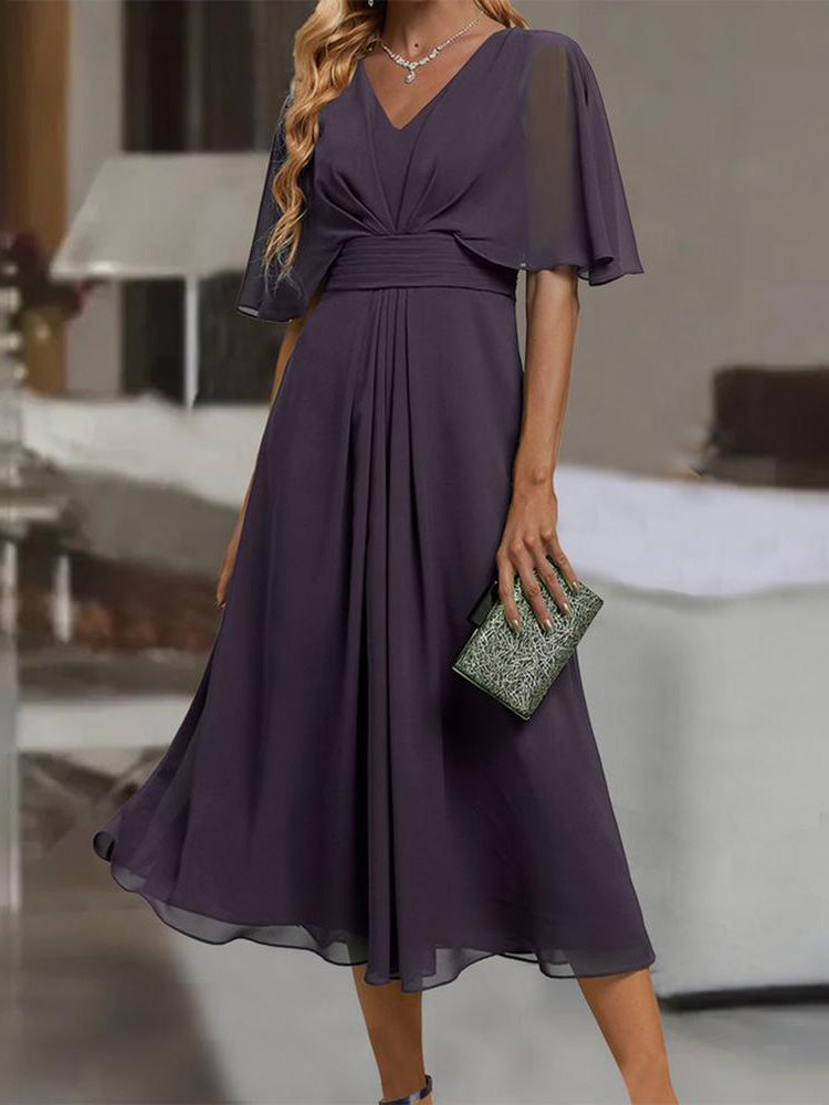 Deep V-Neck Flutter Sleeve Pleated Bodice Band Waist Midi Dress