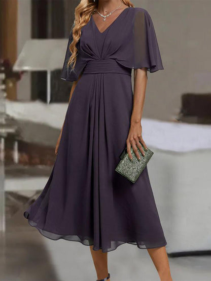 Deep V-Neck Flutter Sleeve Pleated Bodice Band Waist Midi Dress