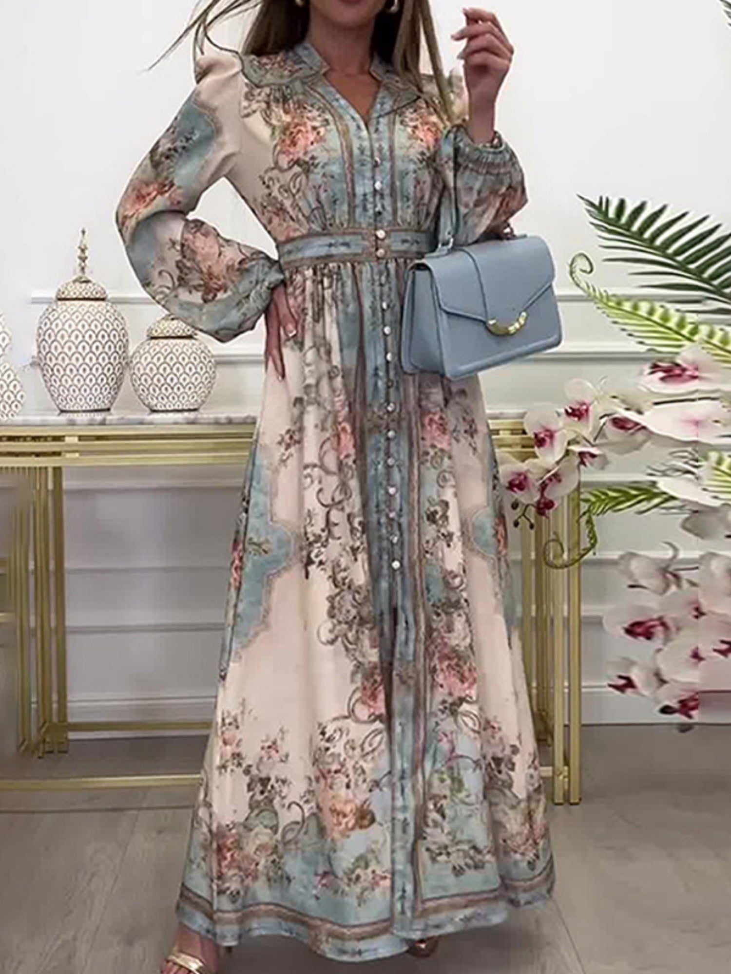 Floral Print V-neck Lantern Sleeves Maxi Dresses