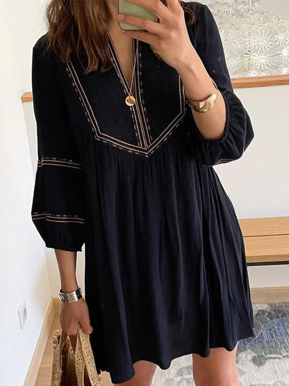 Embroidered V Neck Puff Sleeve Smocked Babydoll Mini Dress