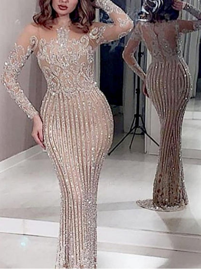 Mid-waisted, Elegant, Sequined, Gold-flecked, Fitted Long Dress For Commuting.