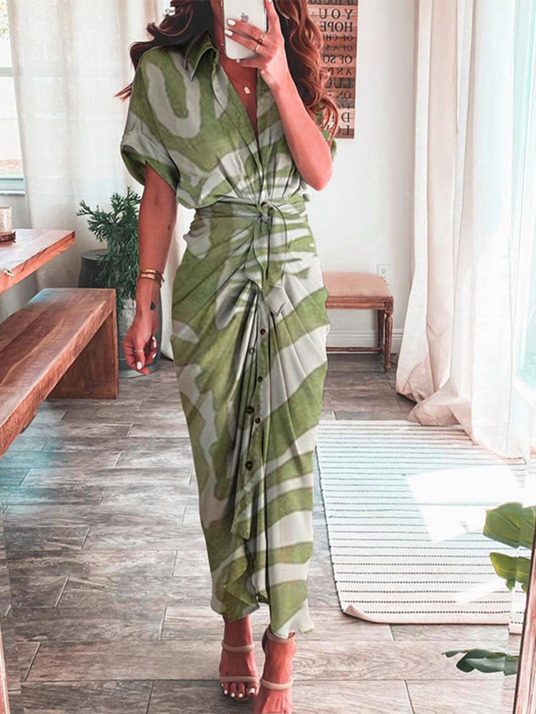 Abstract Print Shirt Collar Short Sleeve Tie Waist Button Front Maxi Dress