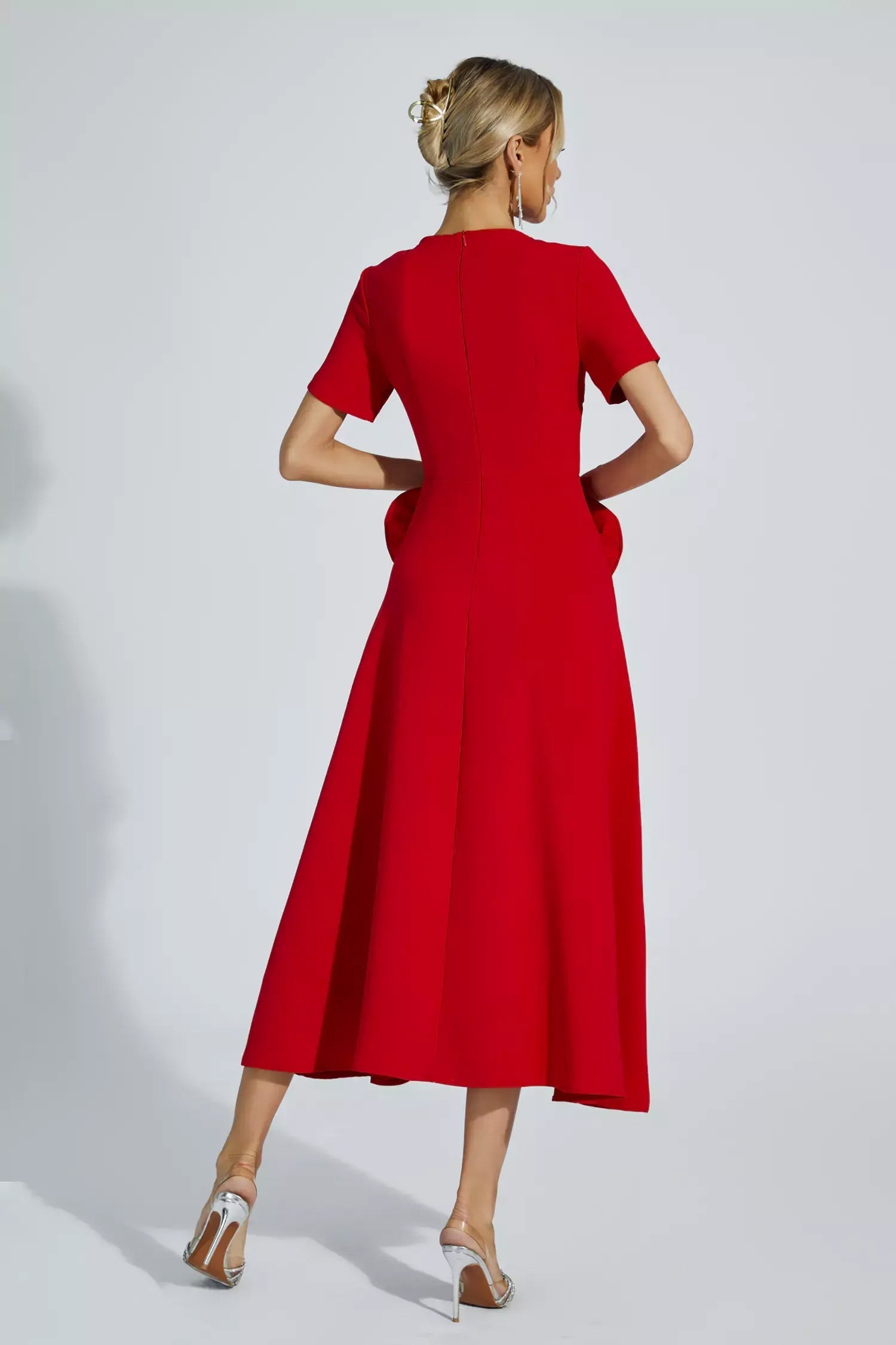 Short Sleeve High Neck A-Line Peplum Side Ruffle Midi Dress