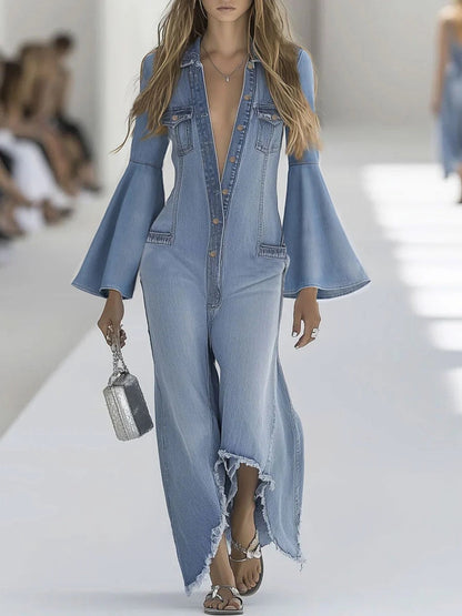 Loose-fitting Solid Color Casual Single-breasted Deep V-neck Denim Jumpsuit