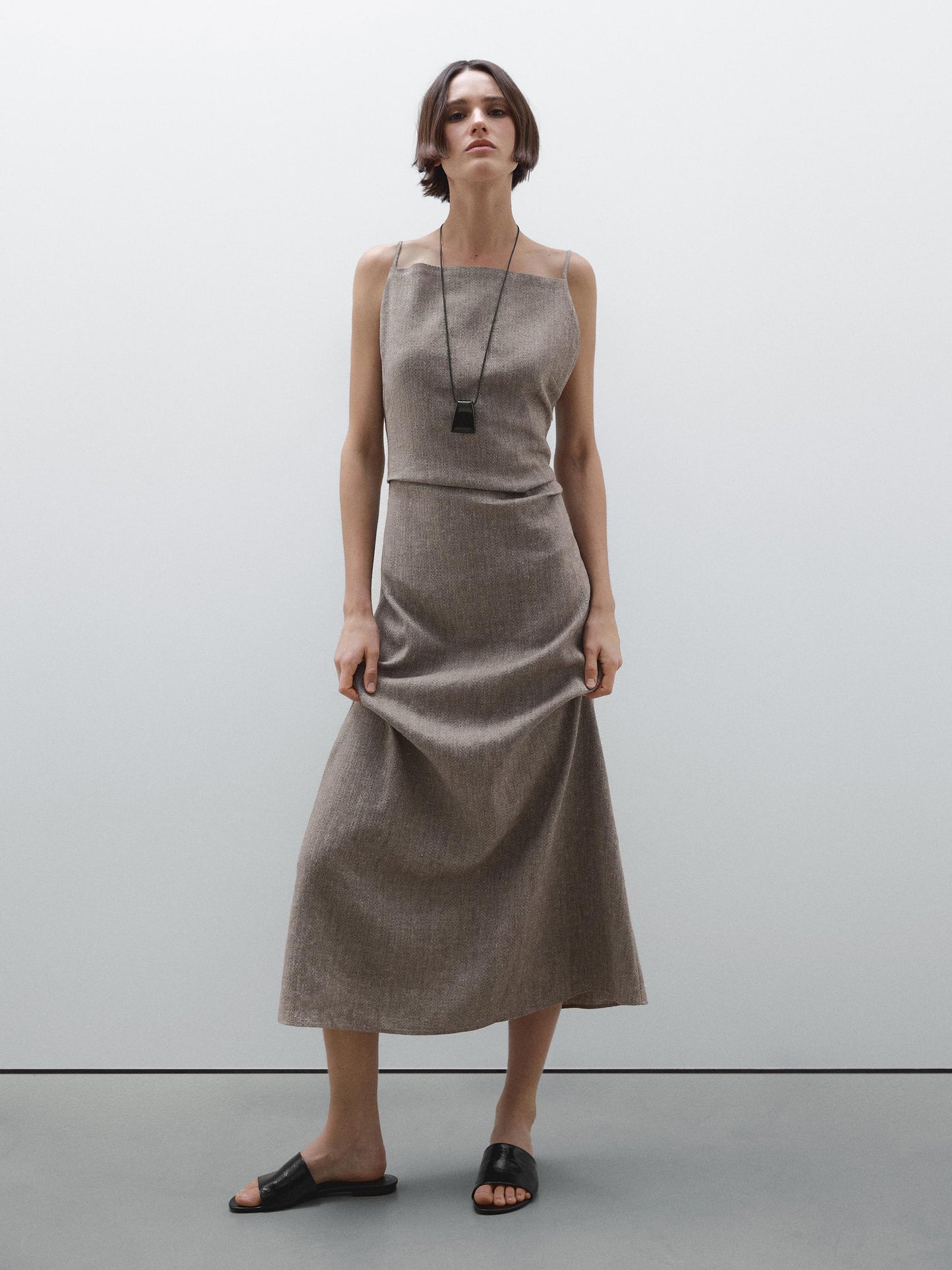 Square Neck Spaghetti Strap Overlay Waist Linen Look Midi Dress
