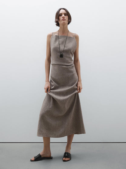 Square Neck Spaghetti Strap Overlay Waist Linen Look Midi Dress