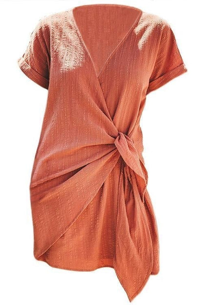Margovil Solid Cross V Neck Tie Wrap Dress