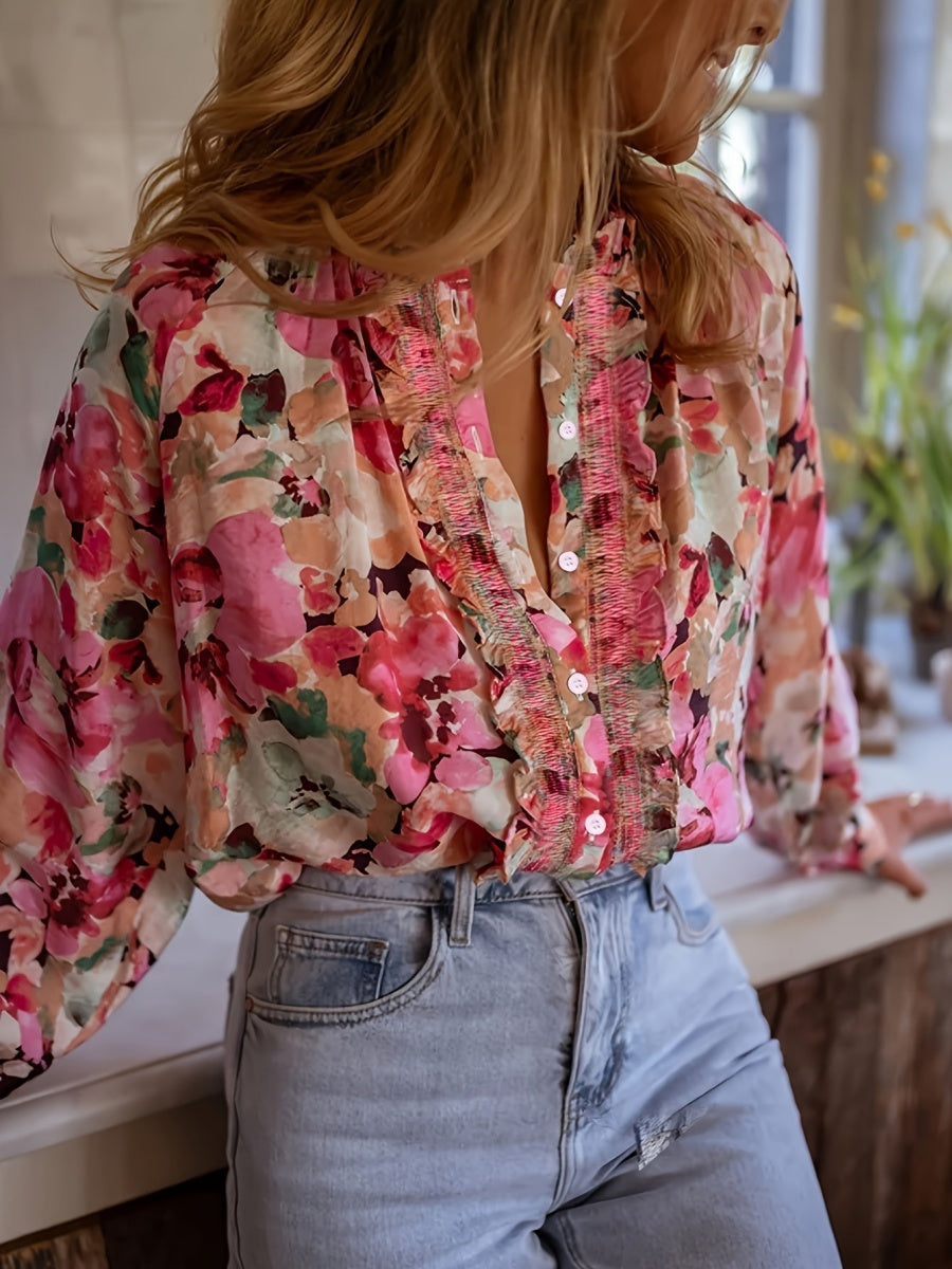 Floral Print Ruffled Round Neck Long-sleeved Shirt