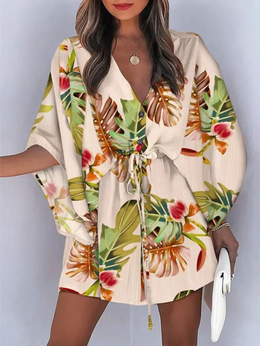 V-neck Tie-up Printed Patchwork Mini&Short Dresses