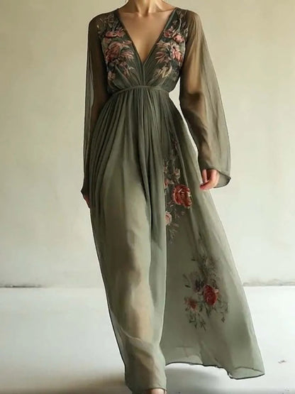 Floral Digital Positioning Printing Long-sleeved V-neck Long Dress