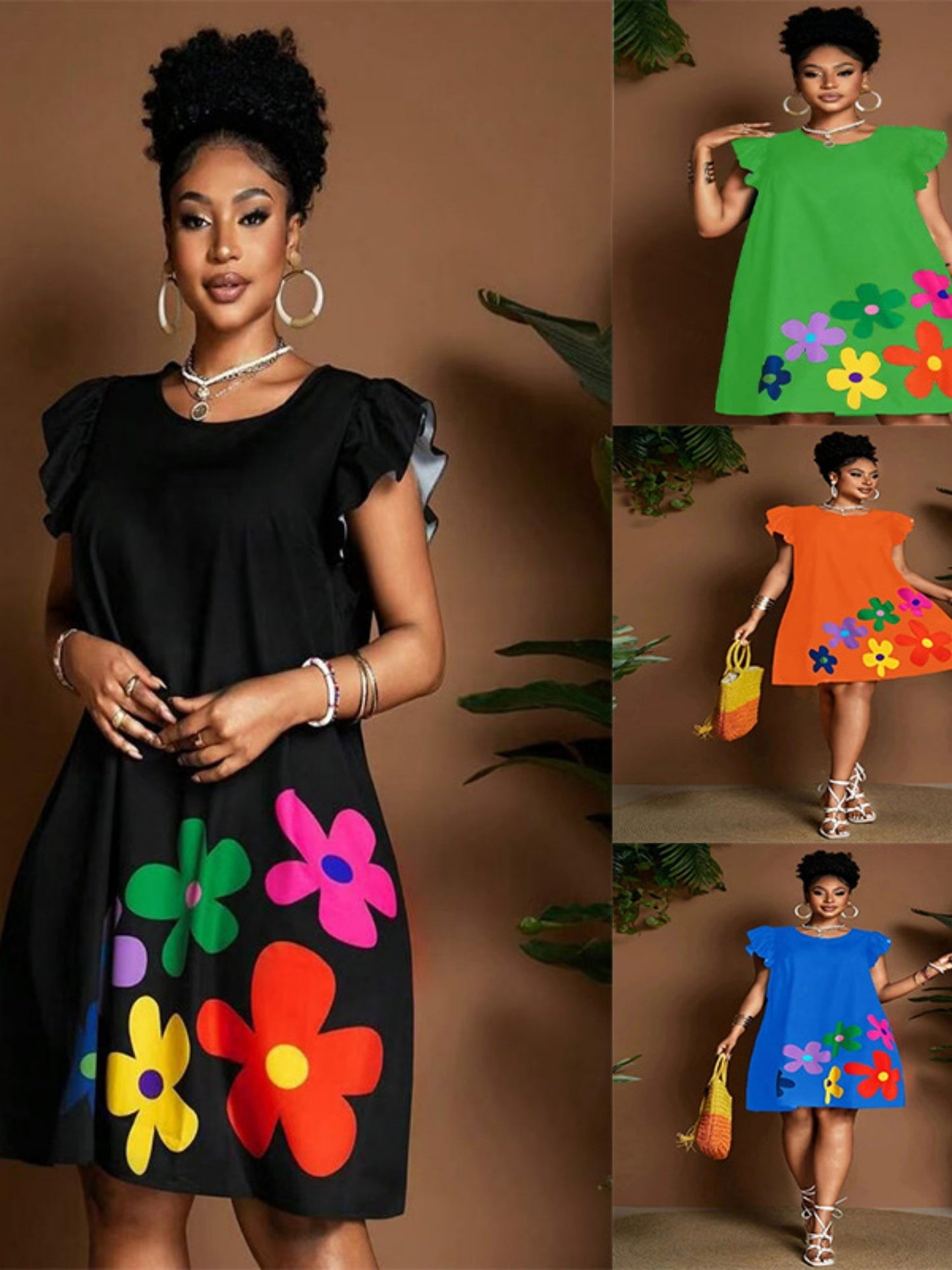 Floral Print Round Neck And Flutter Sleeves Mini&Short Dresses