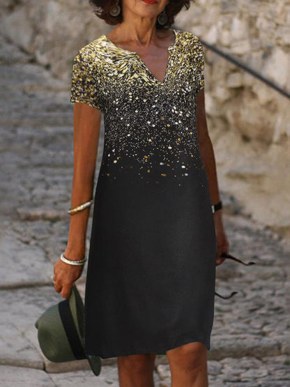 Ombre Glitter Gradient V Neck Short Sleeve Shift Midi Dress