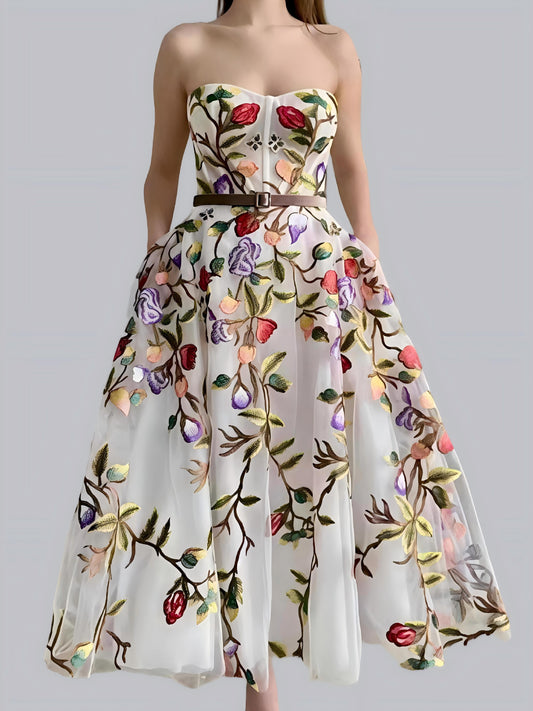 White 3D Flower Embroidery Mesh Off-shoulder Strapless Top Maxi Dresses
