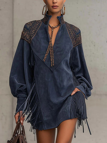 V-neck Long-sleeved Tassel Embroidered Tie-waist Short Dress