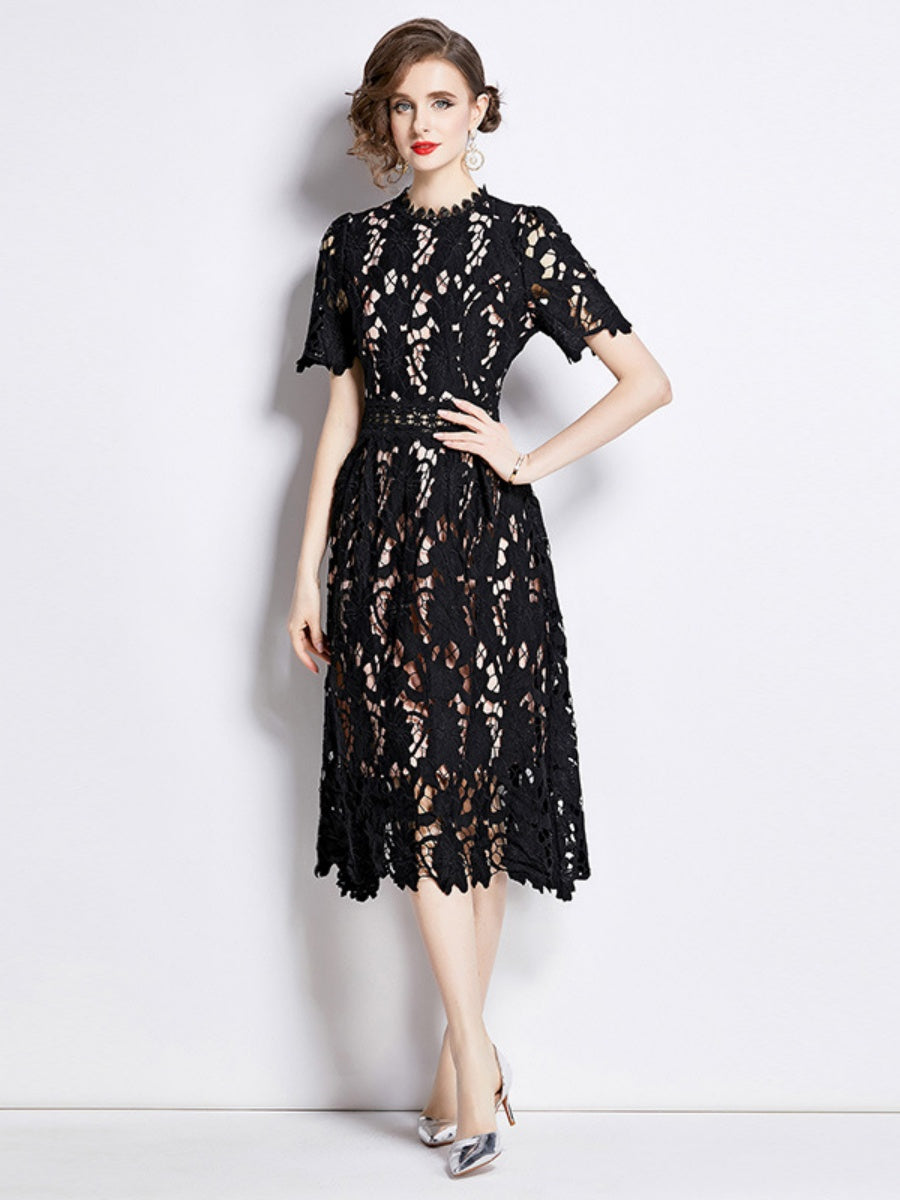 Water-soluble Lace Short-sleeved Slim-fit Midi Dress