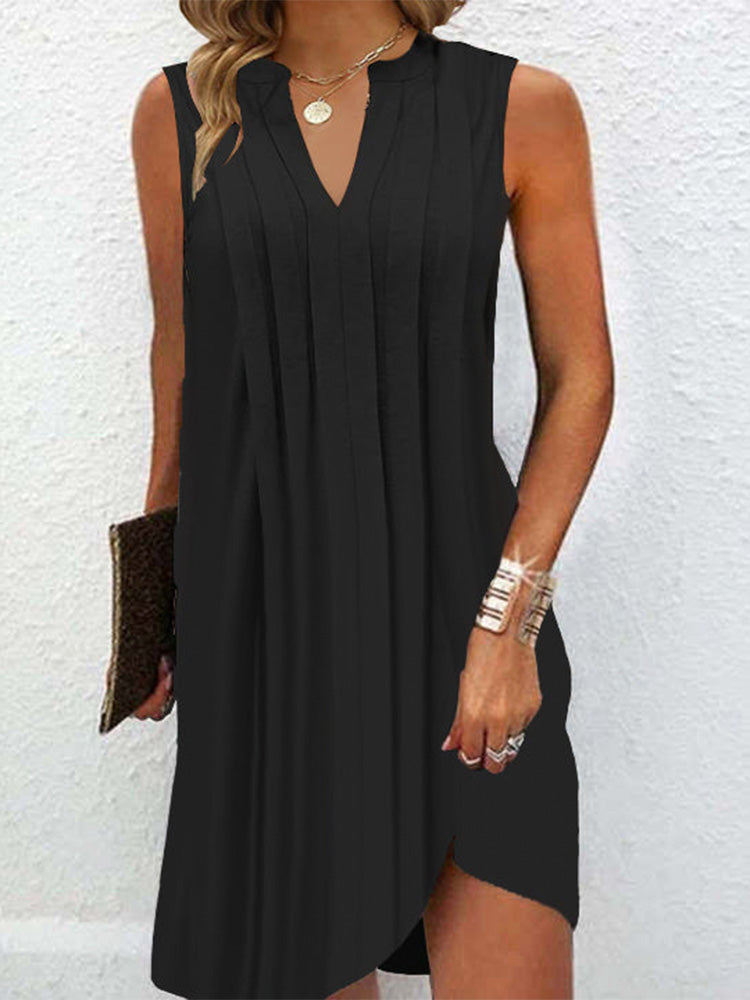 V-Neck Knife Pleat Front Shift Sleeveless Midi Dress