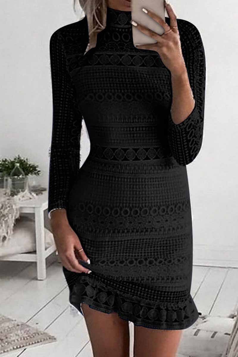Mock Neck Long Sleeve Crochet Lace Ruffle Hem Bodycon Mini Dress