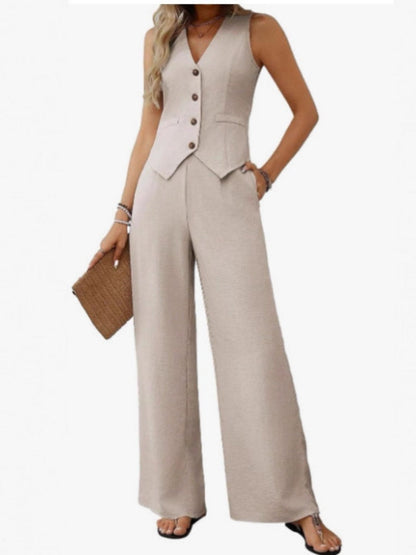 Two-piece Set Of Button-down Cropped Vest And Wide-leg Pants