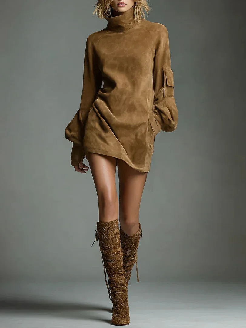 Women faux suede retro lapel mini dress
