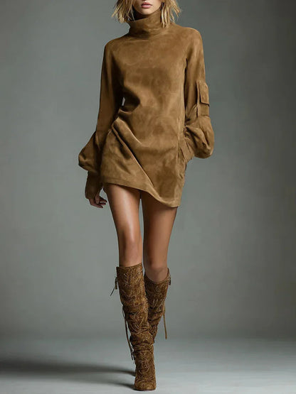Women faux suede retro lapel mini dress