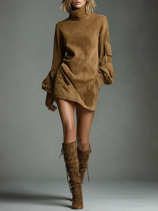 Women faux suede retro lapel mini dress