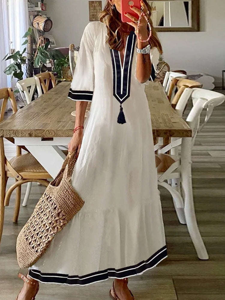 Striped Border Trim Tassel V-Neck Tiered Maxi Dress