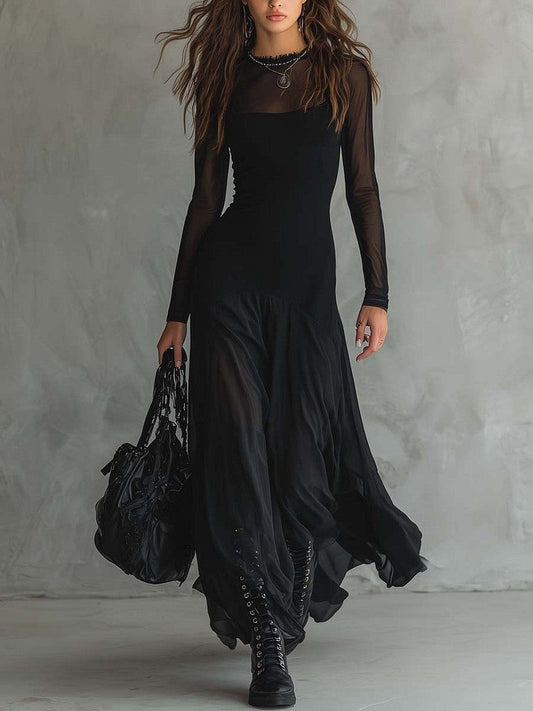 Pleated Mesh Patchwork Long Dress