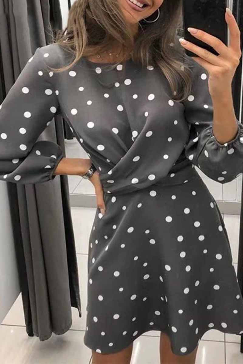 Polka Dot Round Neck Puff Sleeve Wrap Front Ruched Skater Mini Dress