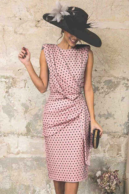 Polka Dot Draped Wrap-Front Structured Shoulder Pencil Midi Dress