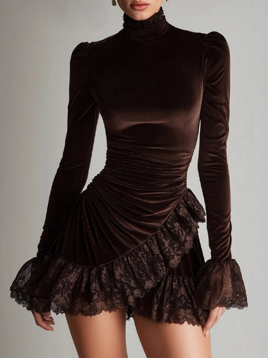 Turtleneck Lace Velvet Splicing Pleated Banquet Mini&Short Dresses