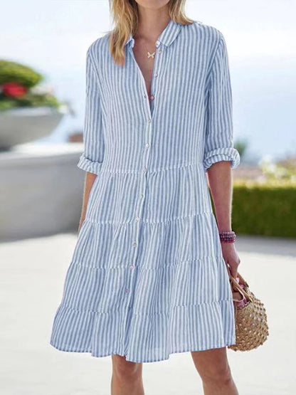 Collared Button Front Rolled Sleeve Tiered Ruffle Hem Striped Shirt Mini Dress
