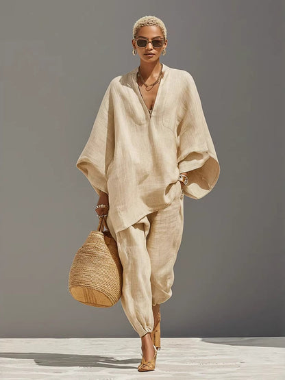 Solid Color Batwing Sleeves, V-neck, Loose Pockets 2-piece Sets