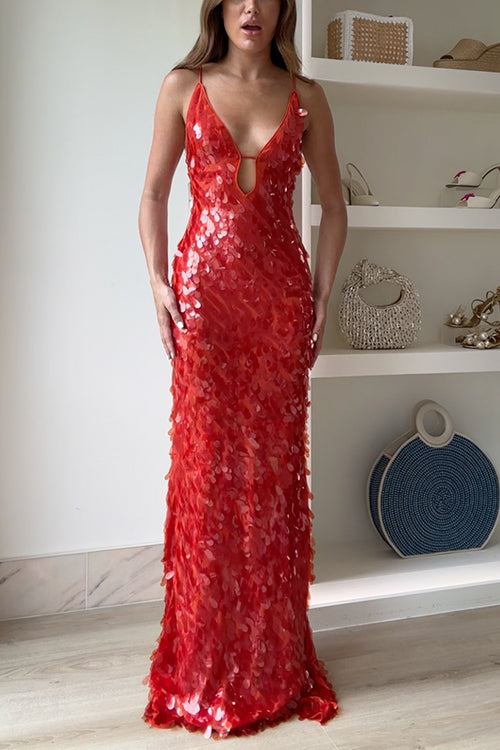 Margovil V Neck Cut Out Sequin Bodycon Maxi Cami Party Dress