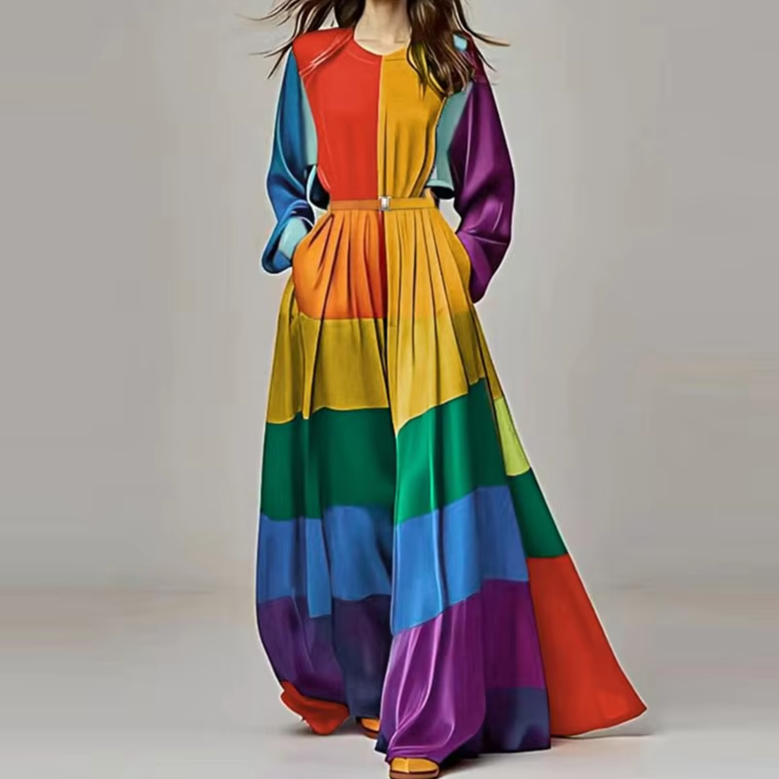 Color-Blocked Horizontal Stripe Bishop Sleeve Belted Pleated Maxi Dress