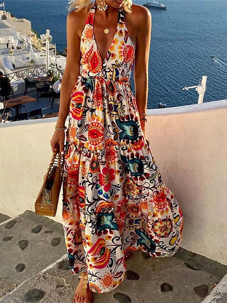Halter Deep V Neck Paisley Print Tiered Ruffle Boho Maxi Dress
