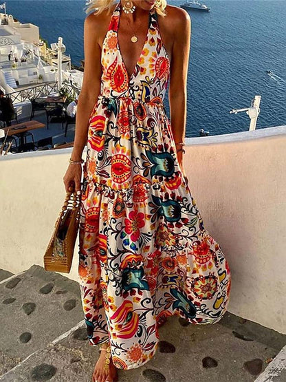 Halter Deep V Neck Paisley Print Tiered Ruffle Boho Maxi Dress
