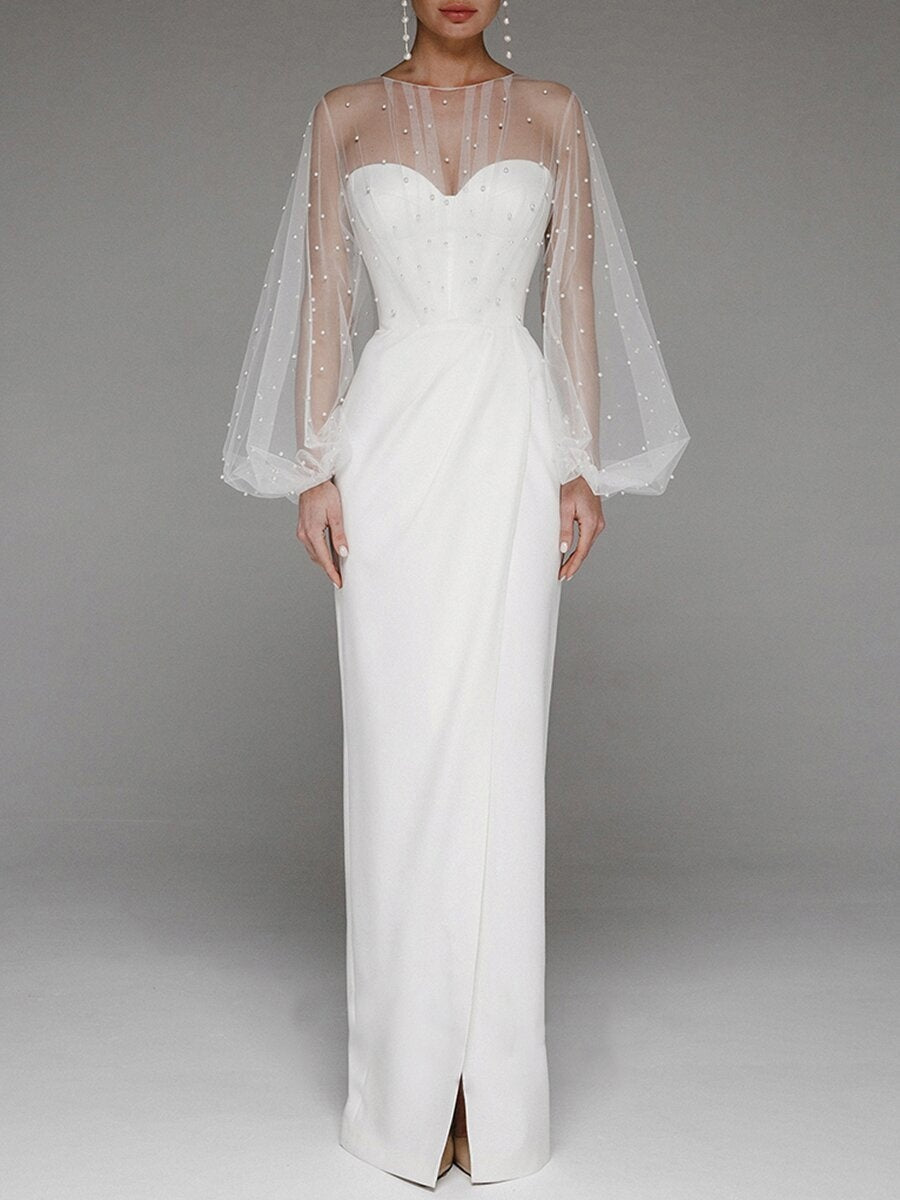 Pearl Mesh-paneled Sleeves Tube Top Maxi Dresses
